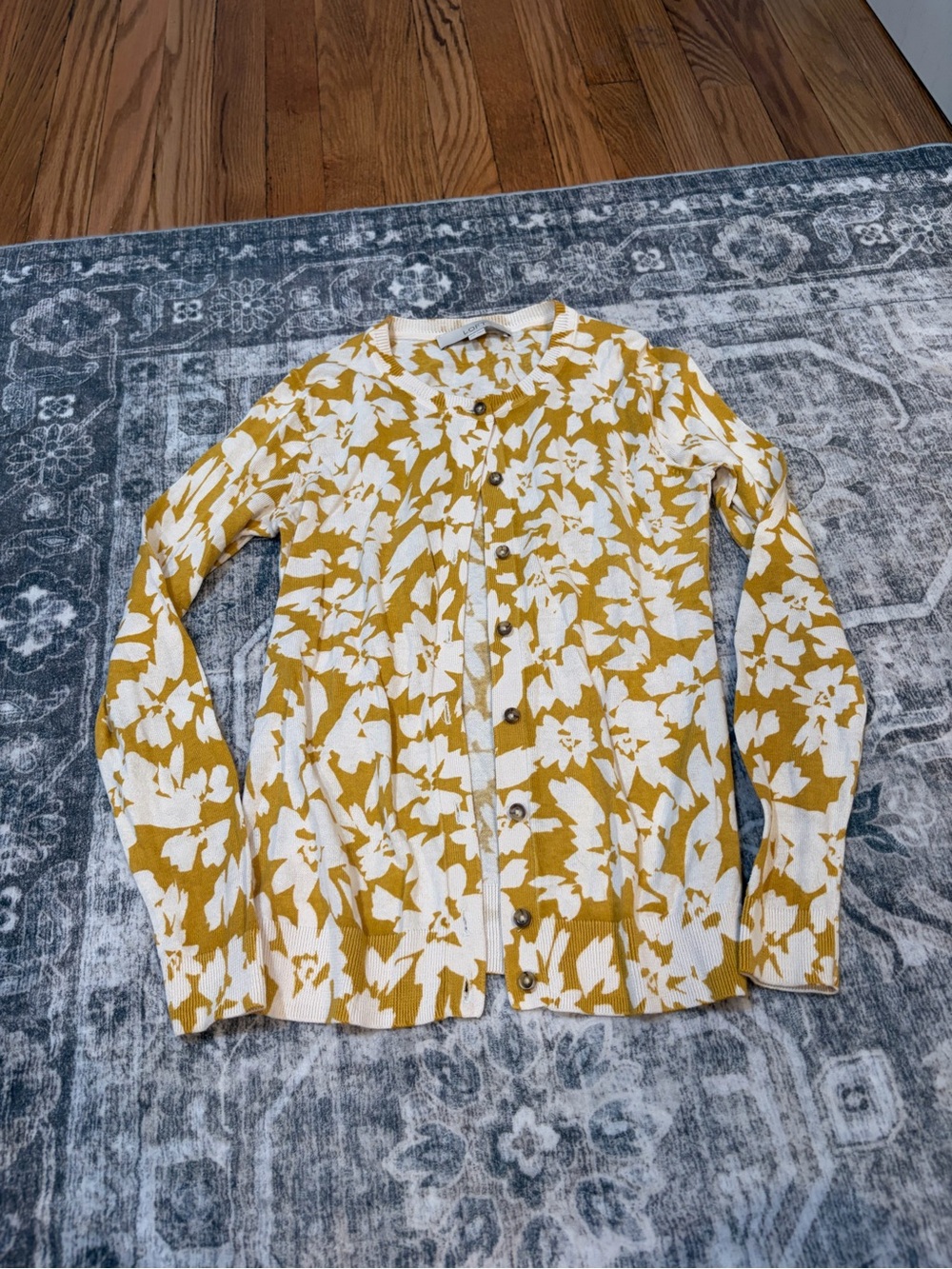 LOFT Mustard and White Floral Cardigan Sweater